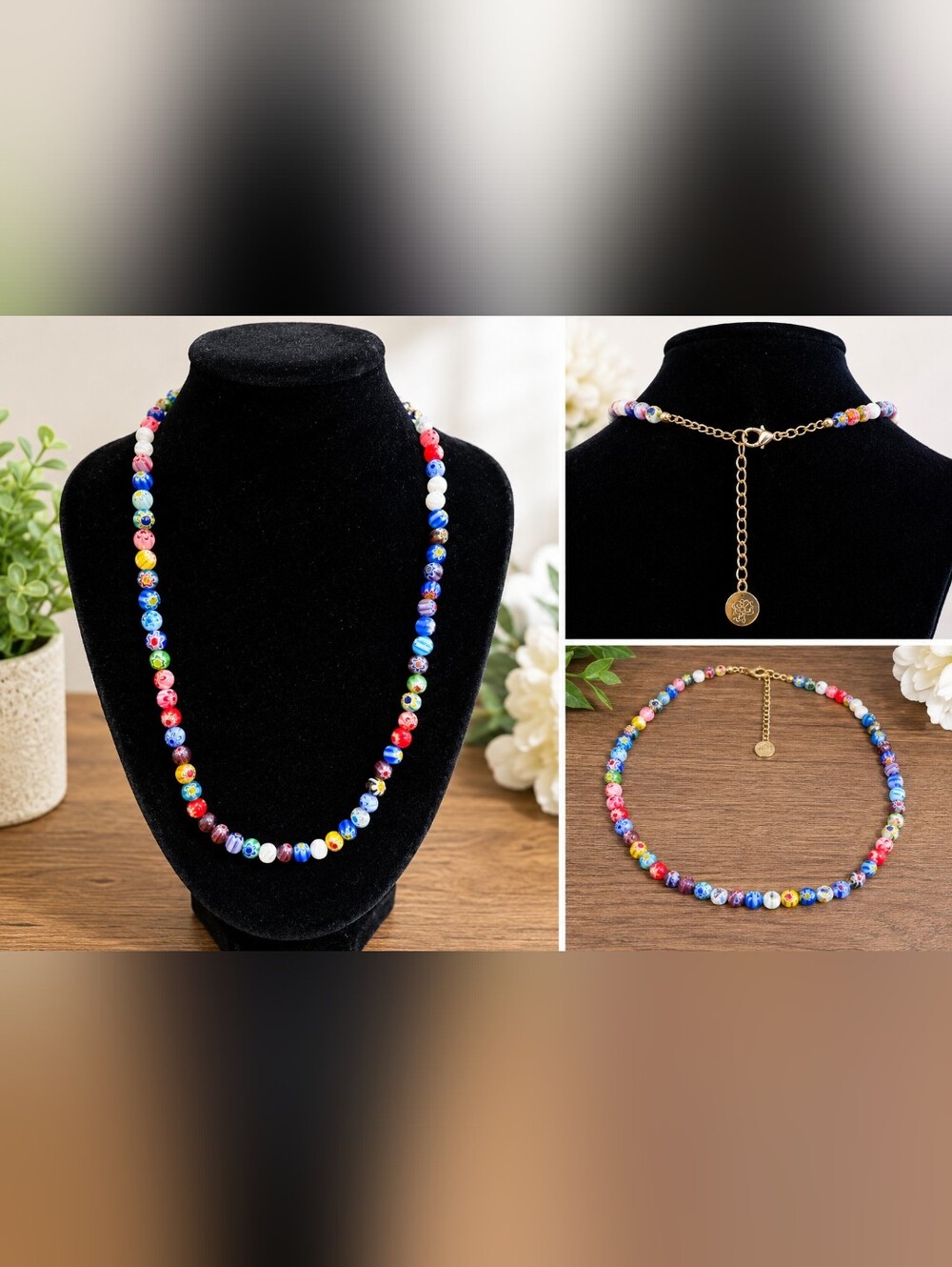 Plunder Multicolor Millefiori Bead Necklace with Gold Accents